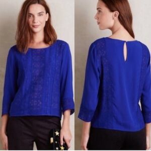 Anthropologie Meadow Rue Blue Salina Lace Long Sleeve Blouse